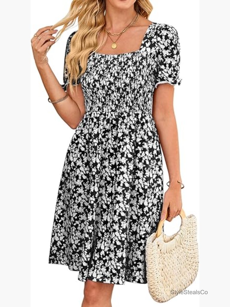 Floral Print Summer Dress With Puff Sleeves Smocked Bodice A-Line
